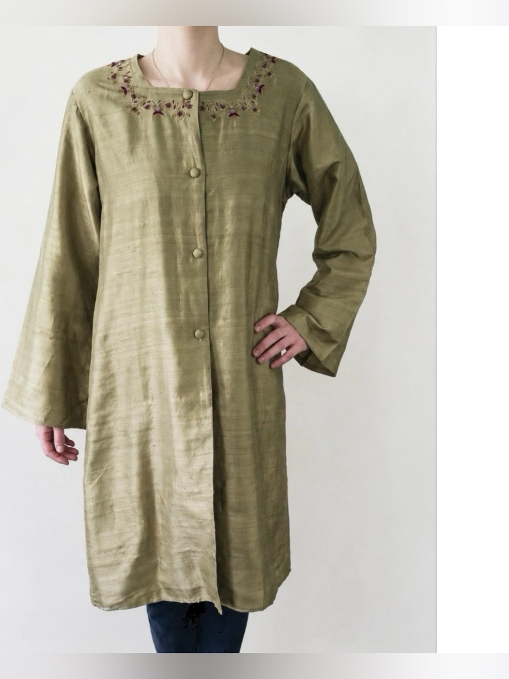 Vintage Silk Tunic Dress or Overcoat Gold Olive with Embroidered Collar New